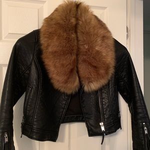 Top shop faux leather jacket with fur collar.